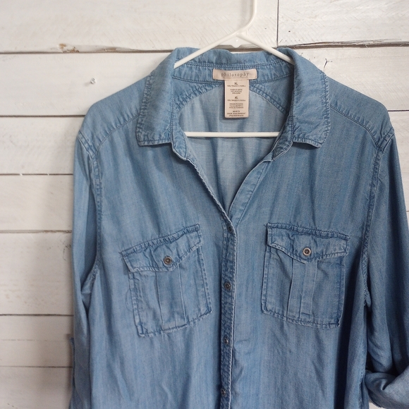 Philosophy Women's Size XL Blue Denim Long Shirt Dress Roll Tab Sleeve Pockets - Picture 7 of 15